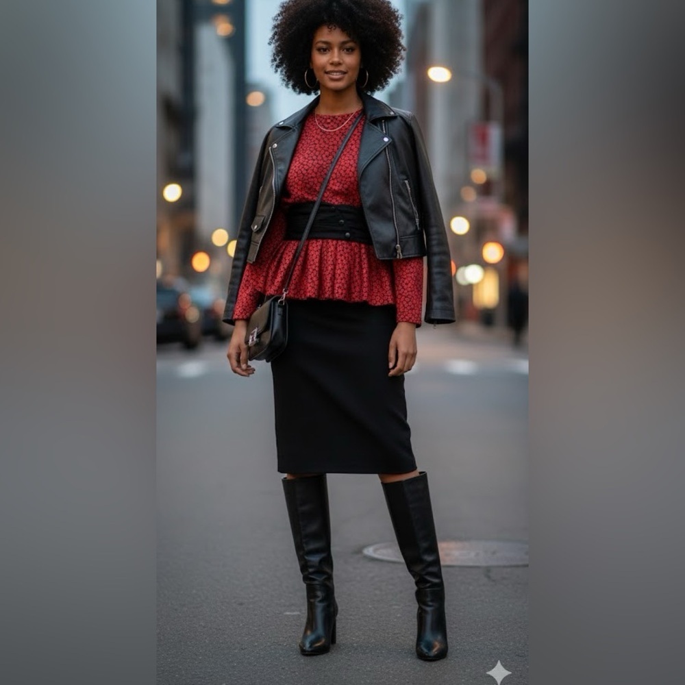 Leslie Fay Vintage 80’s Black & Red Peplum Detail Full Sleeve Mid-length Dress